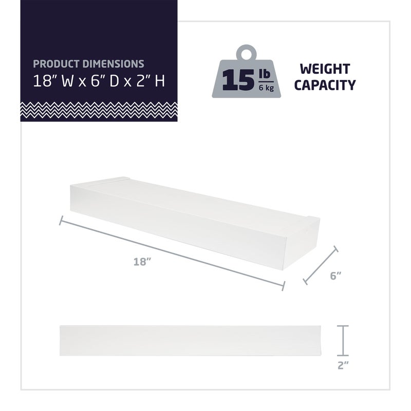 HIGH & MIGHTY 515601 Modern 18" Floating Shelf Holds up to 15lbs, Easy Tool-Free Dry Wall Installation, Flat, Retail Packaging, White - Image 3